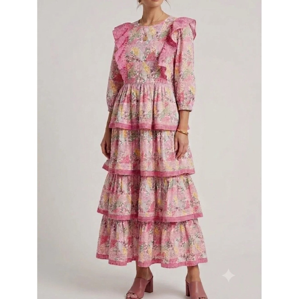 Simply Southern Skyler Dress Pink Small Floral Patchwork Tiered Ruffle Maxi NWT